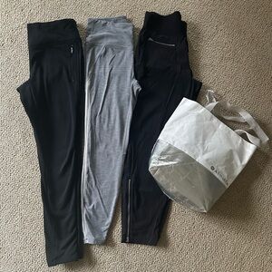 Athleta legging bundle, fleece, knit, and wind pant.